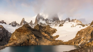 low cloud over fitz roy mountain range and laguna